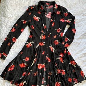 Autumn floral print button-up flowy mini dress